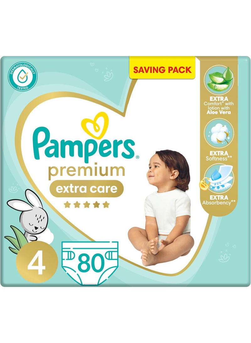 بامبرز Pampers Premium EXTRA CARE Taped Diapers, Size 4, 9-18 kg, with Lotion with Aloe Vera, Saving Pack, 80 Baby Diapers - Image 1
