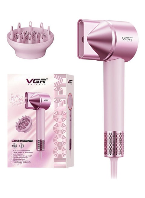 Professional Hair Dryer V-443 , 1900W High Speed Motor, 3 Adjustable Speeds & Heat Levels, Negative Ion Technology for Frizz-Free Shiny Hair, Cool Shot, Concentrator & Diffuser, Lightweight Ergonomic Design, Salon & Home Use PINK