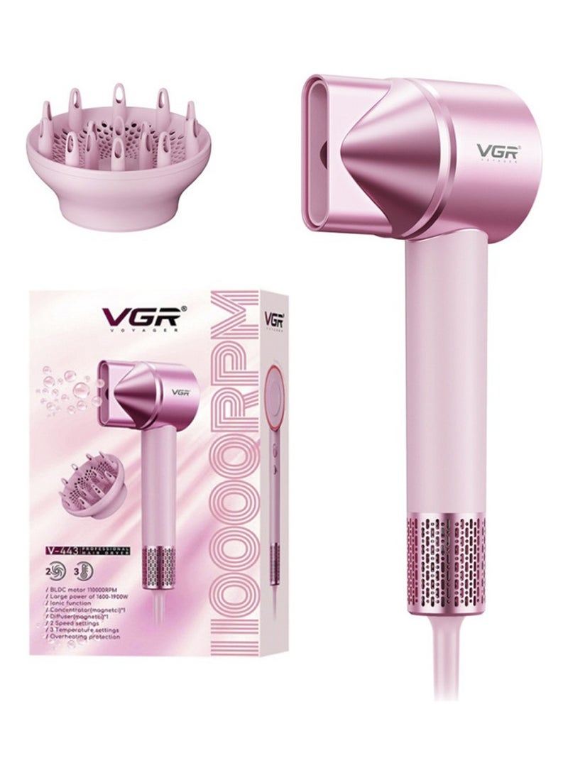VGR Professional Hair Dryer V-443 , 1900W High Speed Motor, 3 Adjustable Speeds & Heat Levels, Negative Ion Technology for Frizz-Free Shiny Hair, Cool Shot, Concentrator & Diffuser, Lightweight Ergonomic Design, Salon & Home Use PINK - Image 1