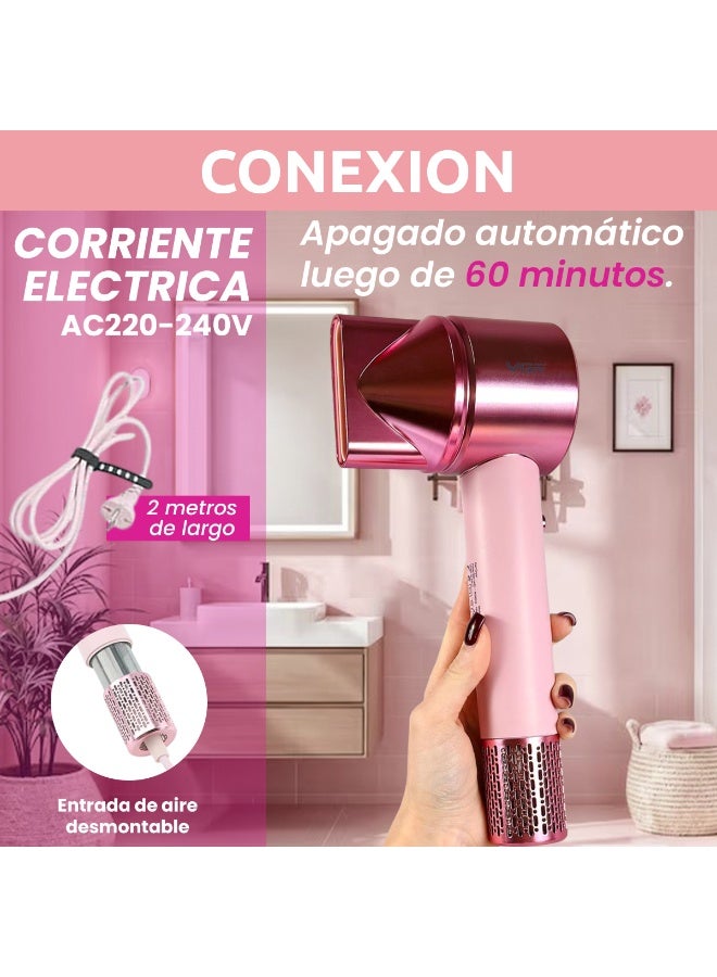 VGR Professional Hair Dryer V-443 , 1900W High Speed Motor, 3 Adjustable Speeds & Heat Levels, Negative Ion Technology for Frizz-Free Shiny Hair, Cool Shot, Concentrator & Diffuser, Lightweight Ergonomic Design, Salon & Home Use PINK - Image 3
