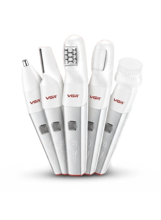 VGR 5 in 1 Professional Ladies Hair Trimmer & Body Groomer V-752 , Waterproof Wet & Dry Rechargeable Women’s Hair Removal Machine with 5 Interchangeable Heads for Body, Face, Eyebrows & Sensitive Areas, Lightweight, Quiet Motor, Portable Design WHITE AND PINK - Image 1