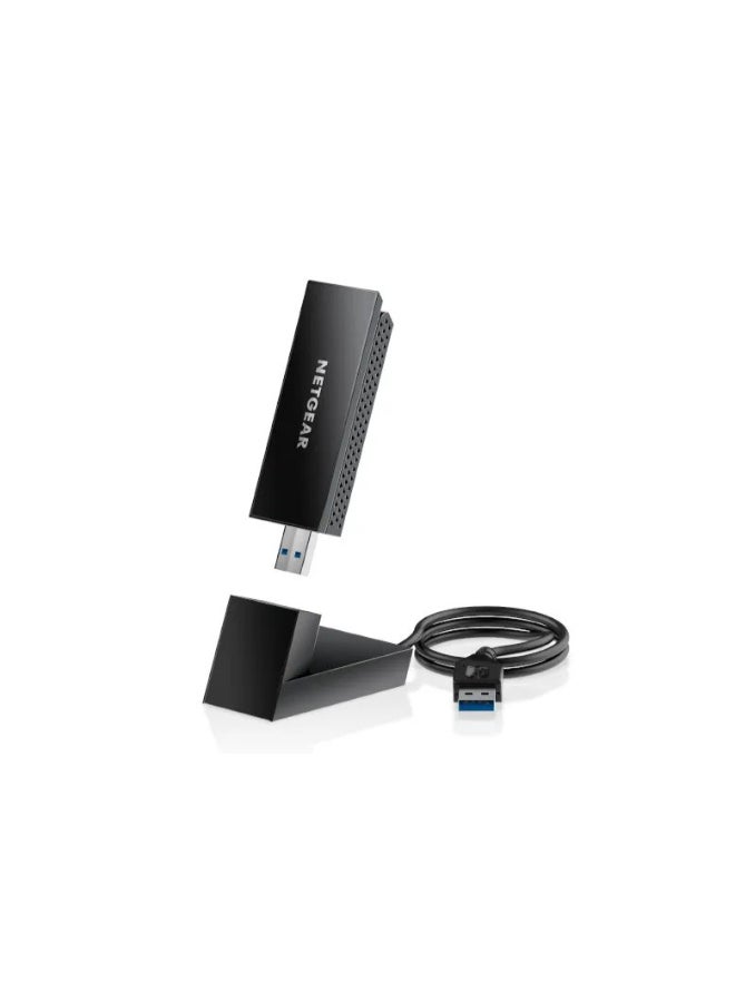 نت جير Nighthawk A8000 AXE3000 Wi-Fi 6E USB 3.0 Adapter – Tri-Band 2.4/5/6 GHz, Up to 3 Gbps, MU-MIMO, OFDMA, Beamforming+, WPA3 Security, Windows 10/11 Compatible, High-Gain Antennas with USB Cradle Black - Image 1