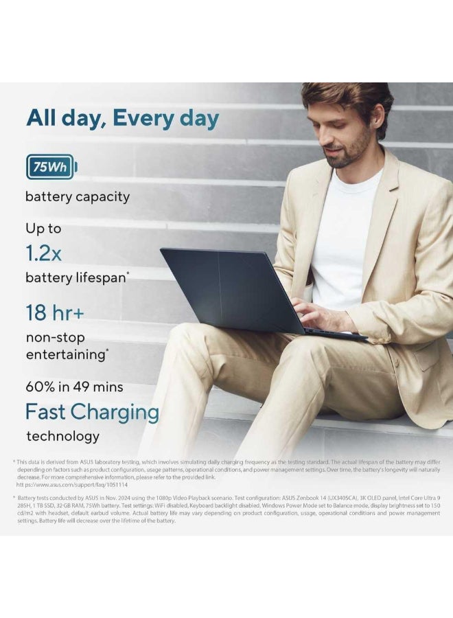 ASUS Zenbook 14 (2025) Ultrabook – 2nd Series / Intel Core Ultra 9-285H / 14inch 3K / 1TB SSD / 32GB RAM / Shared Intel Arc Graphics / Windows 11 Home / Ponder Blue – [UX3405CA-PZ060W] Ponder Blue - Image 3