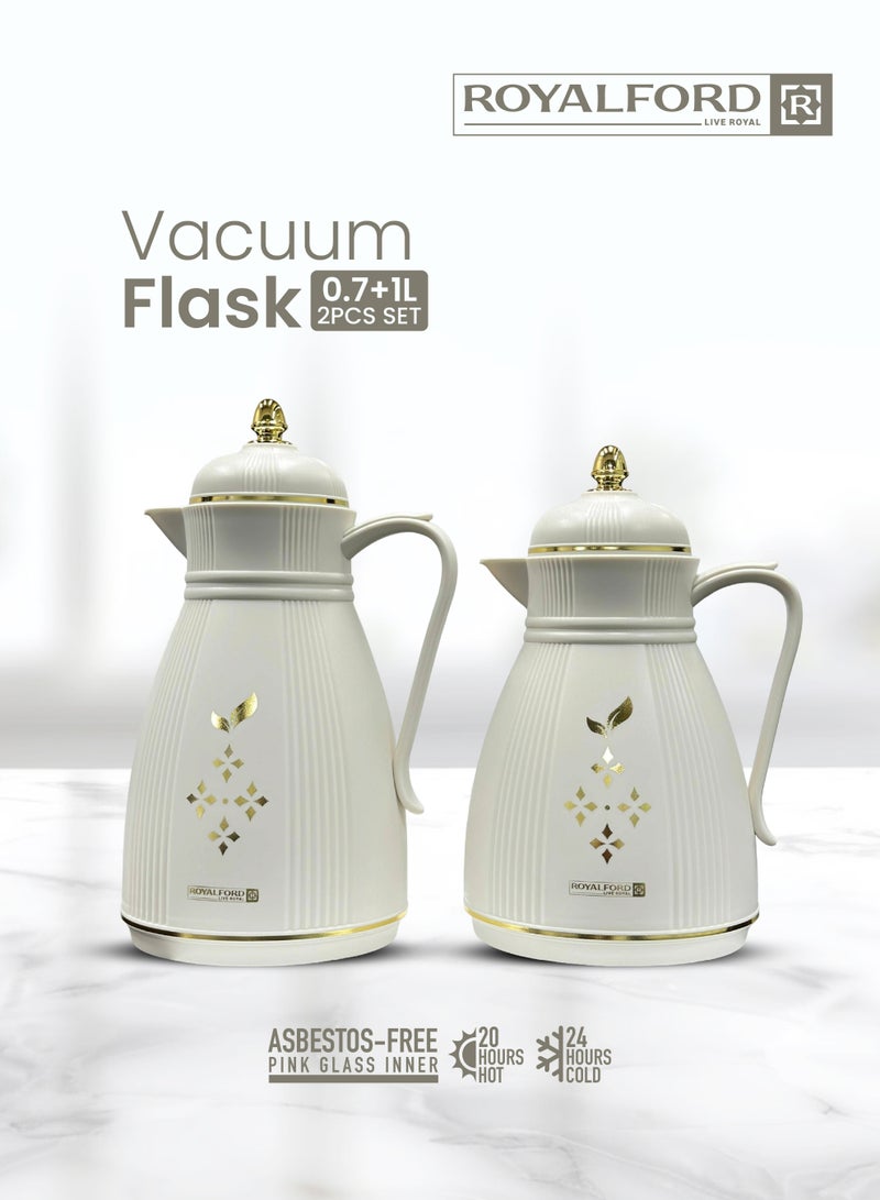 Vacuum Flask Combo Pack 0.7L & 1.0L – Asbestos-Free Pink Glass Inner, Leak-Proof Hot & Cold Thermal Jugs, Durable PP Outer Body for Home, Office & Outdoor Use Grey and Gold 0.7L + 1.0L