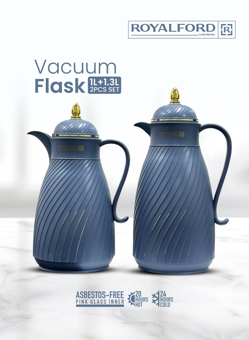 Royalford Vacuum Flask 2-Piece Set (1L + 1.3L) | Insulated Hot & Cold Thermos with Asbestos-Free Pink Glass Inner | Keeps Drinks Hot 20 Hours & Cold 24 Hours | Premium Serving Flask Set Blue and Gold 1L+1.3L - Image 1