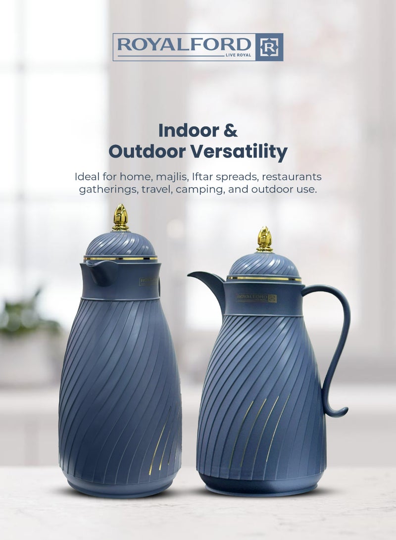 Royalford Vacuum Flask 2-Piece Set (1L + 1.3L) | Insulated Hot & Cold Thermos with Asbestos-Free Pink Glass Inner | Keeps Drinks Hot 20 Hours & Cold 24 Hours | Premium Serving Flask Set Blue and Gold 1L+1.3L - Image 5