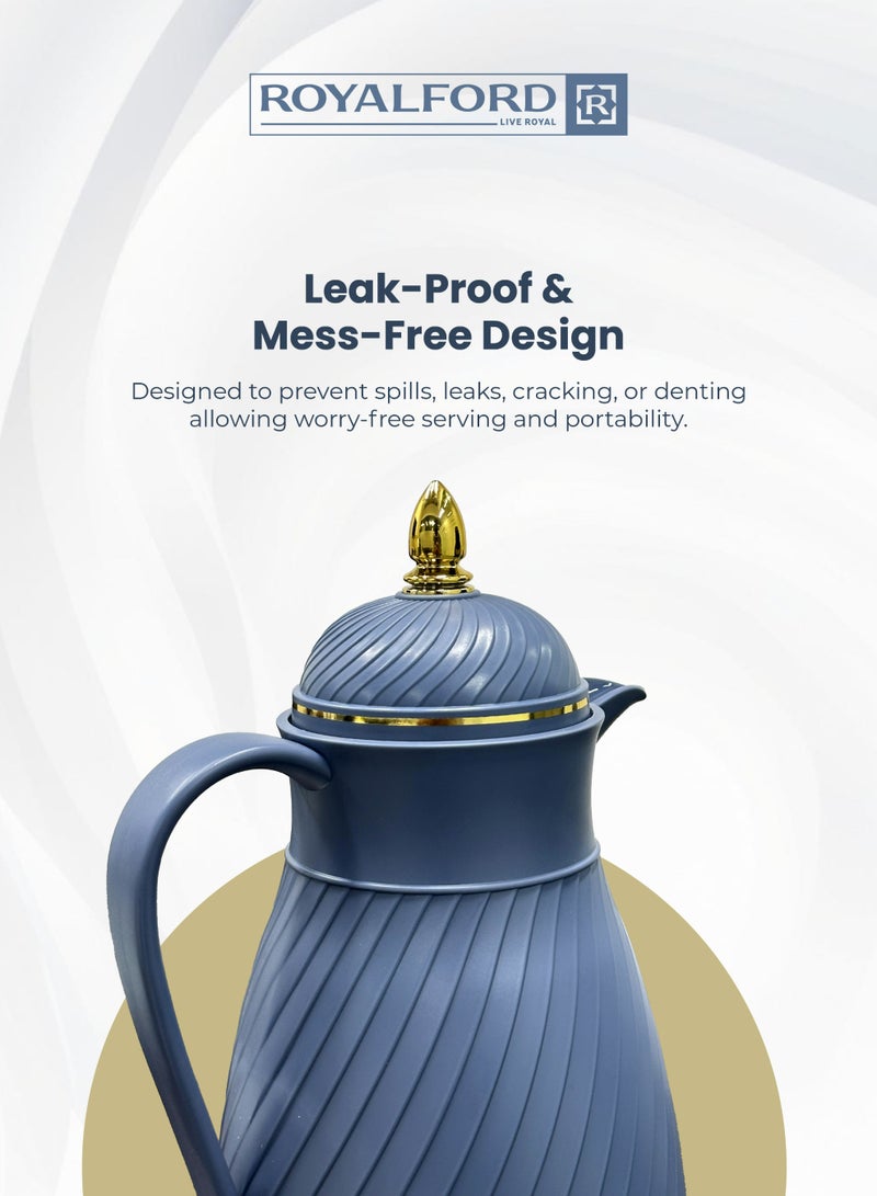 Royalford Vacuum Flask 2-Piece Set (1L + 1.3L) | Insulated Hot & Cold Thermos with Asbestos-Free Pink Glass Inner | Keeps Drinks Hot 20 Hours & Cold 24 Hours | Premium Serving Flask Set Blue and Gold 1L+1.3L - Image 4