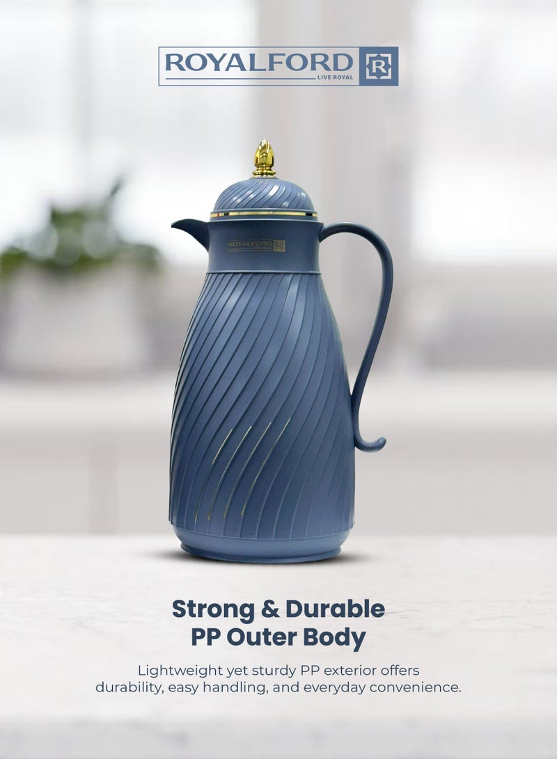 Royalford Vacuum Flask 2-Piece Set (1L + 1.3L) | Insulated Hot & Cold Thermos with Asbestos-Free Pink Glass Inner | Keeps Drinks Hot 20 Hours & Cold 24 Hours | Premium Serving Flask Set Blue and Gold 1L+1.3L - Image 2