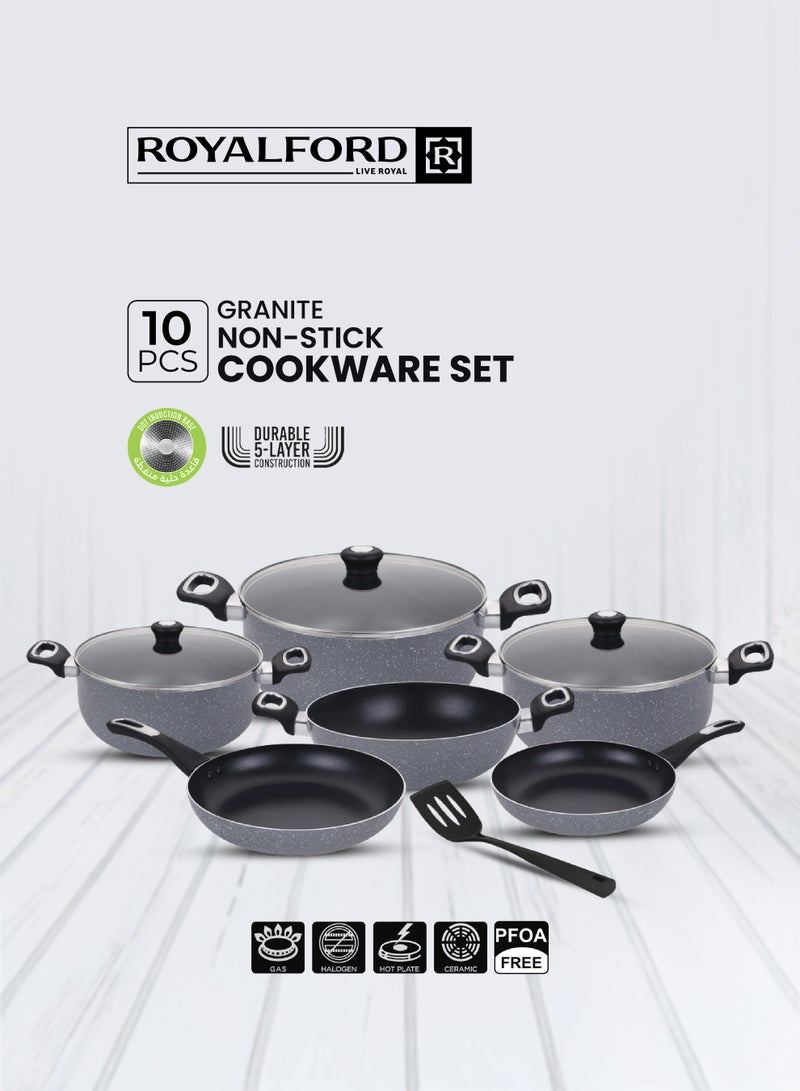 10-Piece Granite Aluminum Nonstick Cookware Set | 5-Layer Durable Construction | Dot Induction Base | Tempered Glass Lids | Induction Compatible Granite Grey 22+10, 26+11, 30+13 - CASSEROLE + LID 2PCcm