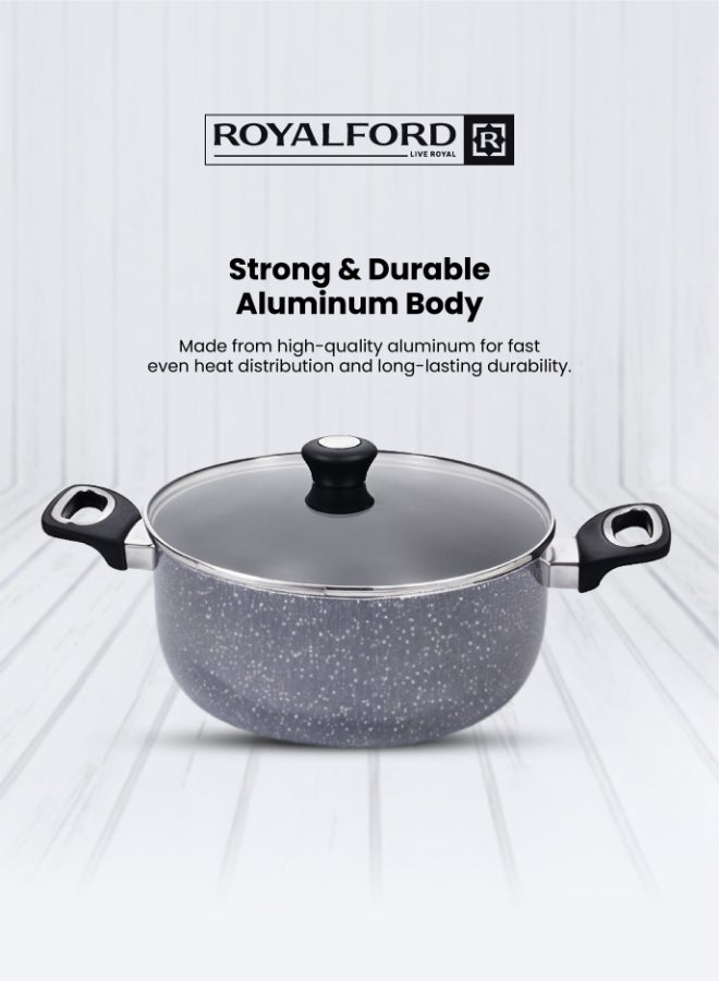 رويال فورد 10-Piece Granite Aluminum Nonstick Cookware Set | 5-Layer Durable Construction | Dot Induction Base | Tempered Glass Lids | Induction Compatible Granite Grey 22+10, 26+11, 30+13 - CASSEROLE + LID 2PCcm - Image 3
