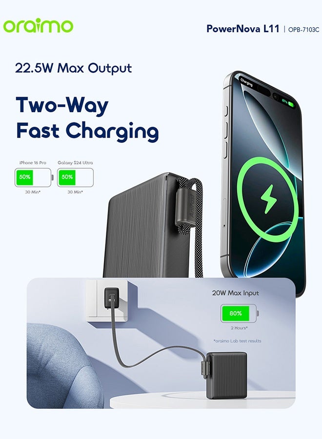 أورايمو Mini Power Bank 10000mAh, 22.5W Portable Charger with Built-In USB-C Cable, Simultaneous Charging for Smartphones, Tablets, Earphones & More, Pocket Power Bank For iPhone 17 series Samsung OPB-7103C - Black - Image 2