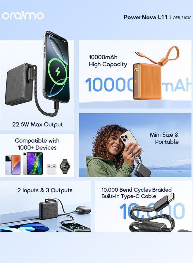 أورايمو Mini Power Bank 10000mAh, 22.5W Portable Charger with Built-In USB-C Cable, Simultaneous Charging for Smartphones, Tablets, Earphones & More, Pocket Power Bank For iPhone 17 series Samsung OPB-7103C - Black - Image 3