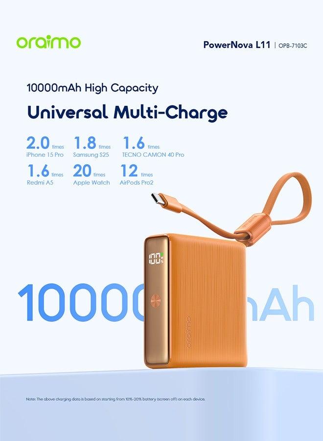 أورايمو Mini Power Bank 10000mAh, 22.5W Portable Charger with Built-In USB-C Cable, Simultaneous Charging for Smartphones, Tablets, Earphones & More, Pocket Power Bank For iPhone 17 series Samsung OPB-7103C - Black - Image 4