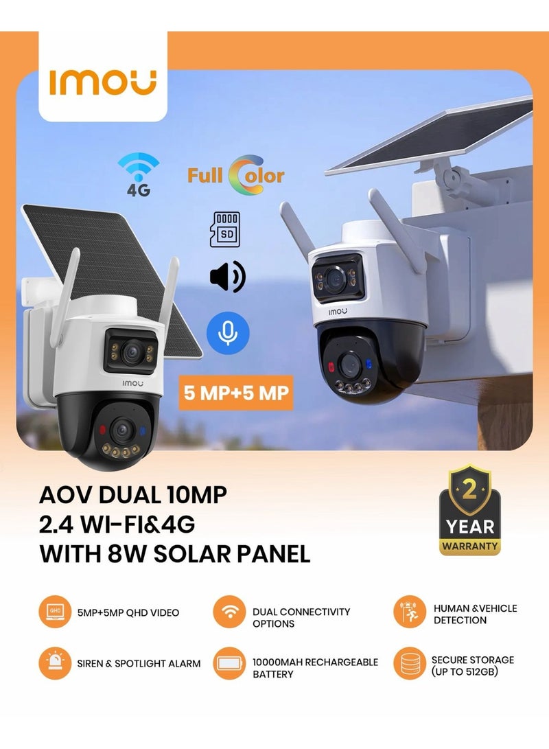 IMOU AOV Dual 10MP (2×5MP) Outdoor Security Camera, 4G LTE + 2.4GHz Wi-Fi, Dual-Lens Wide + PT Camera, 10000mAh Battery + Solar Panel, Always-On Video (AOV), AI Human & Vehicle Detection, Color Night Vision, Two-Way Audio, Siren & Spotlight, microSD up to 512GB, Weatherproof | IPC-SA70F-10M0T2-EU/FSP008 - Image 2