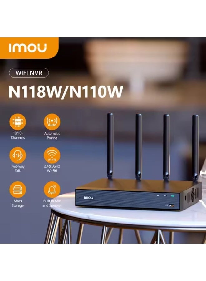 IMOU N118W 18‑Channel Dual-Band Wi-Fi 6 NVR, 4K H.265 Recording, Wireless & Wired IP Camera Support, HDMI/VGA Output, Remote App Access, Motion & Smart Detection, ONVIF Compatible, Up to 18 IP Cameras | NVR-N118W-8A0E Black - Image 1