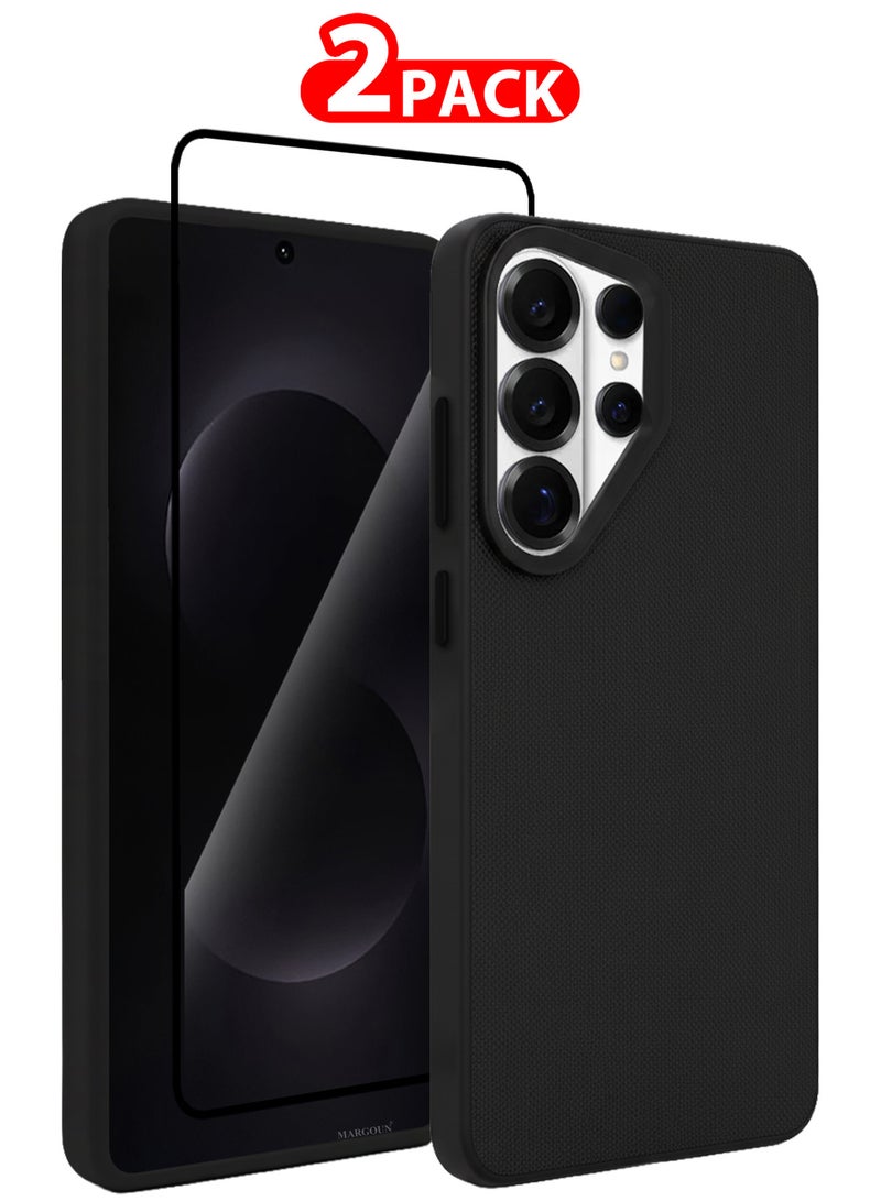 MARGOUN Vegan Leather Case for Galaxy S26 Ultra - 2 Packs - 1 Cover and 1 3D Screen Protector - Slim Fit Protective Case with Raised Edges - Black-2 - Image 1