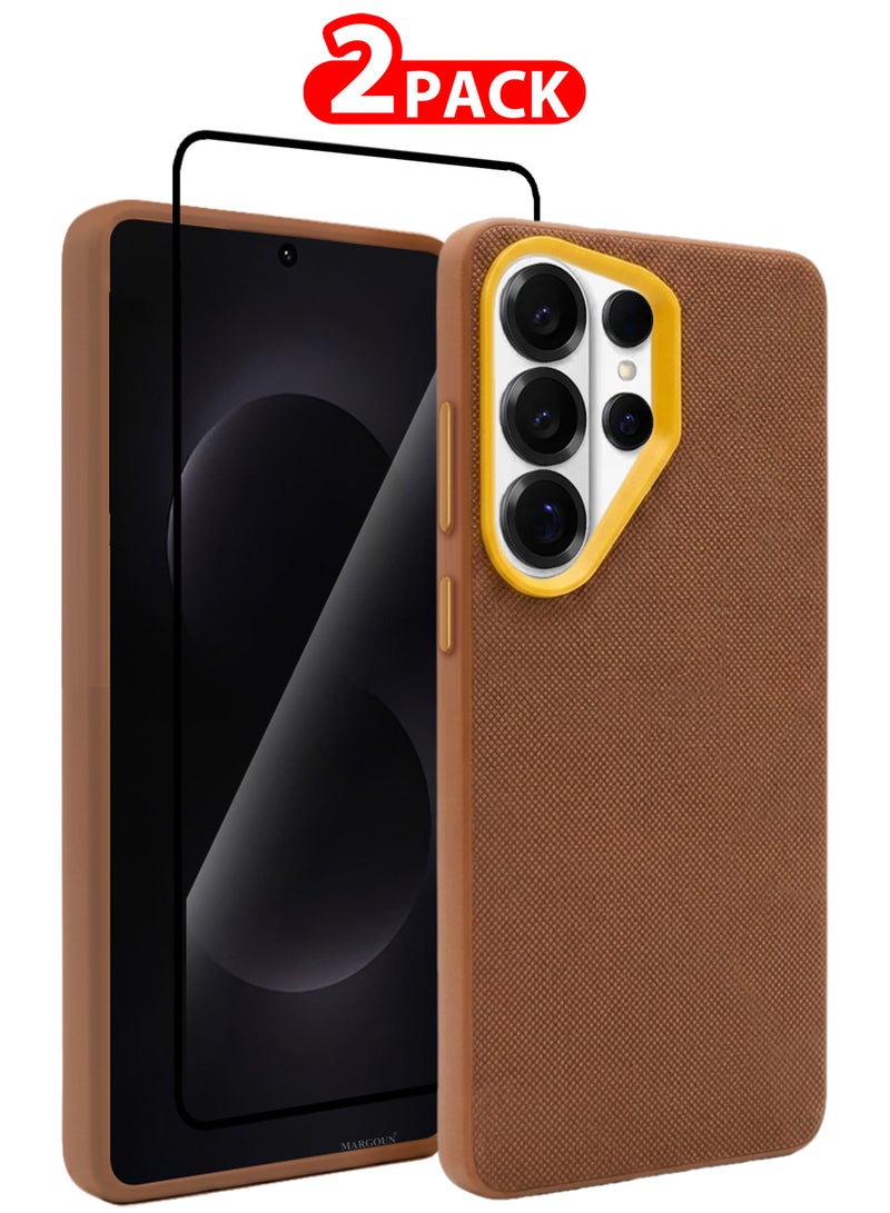 Vegan Leather Case for Galaxy S26 Ultra - 2 Packs - 1 Cover and 1 3D Screen Protector - Slim Fit Protective Case with Raised Edges - Light Brown-2