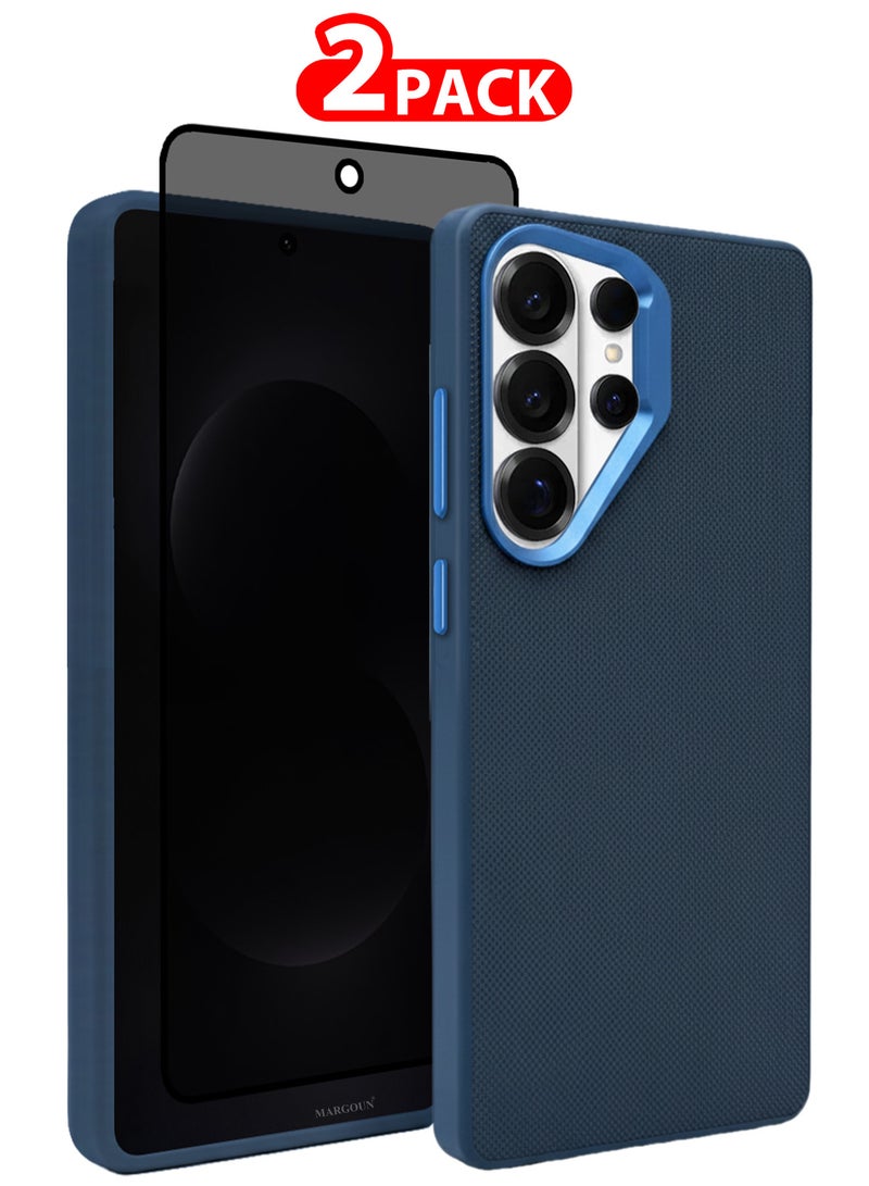 MARGOUN Vegan Leather Case for Galaxy S26 Ultra - 2 Packs - 1 Cover and 1 Privacy Screen Protector - Slim Fit Protective Case with Raised Edges - Blue-3 - Image 1