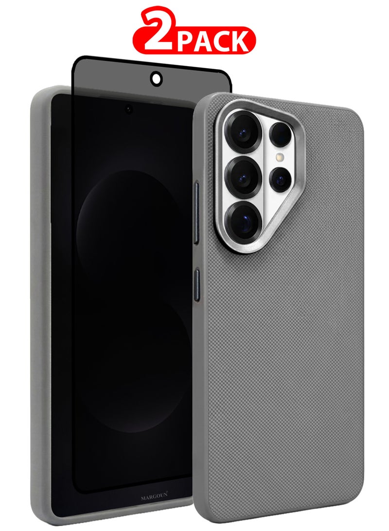 MARGOUN Vegan Leather Case for Galaxy S26 Ultra - 2 Packs - 1 Cover and 1 Privacy Screen Protector - Slim Fit Protective Case with Raised Edges - Grey-3 - Image 1