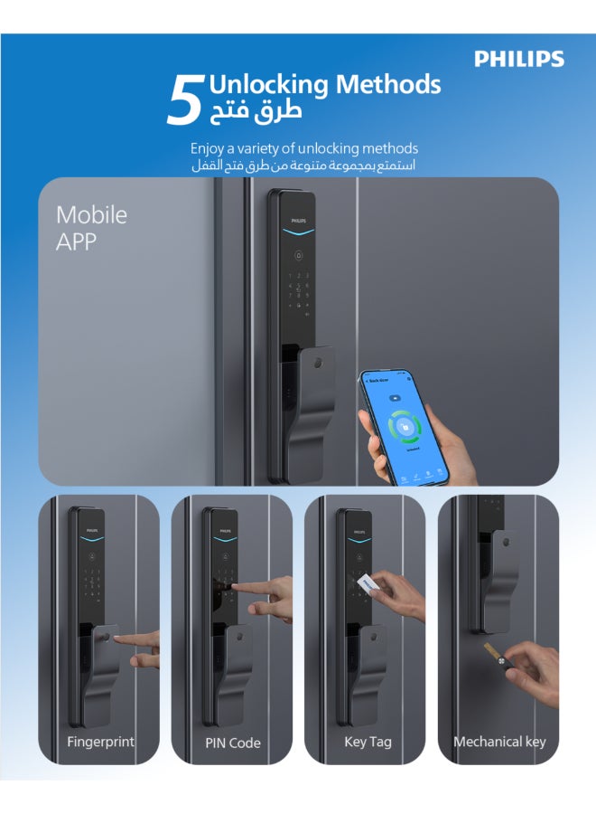 فيليبس قفل الباب الذكي فيليبس DDL801-5HBS - قفل رقمي دفع-سحب مع بصمة الإصبع، إدخال رقم التعريف الشخصي، وصول بطاقة RFID، تحكم عن بُعد، قفل تلقائي، أسود - Image 2