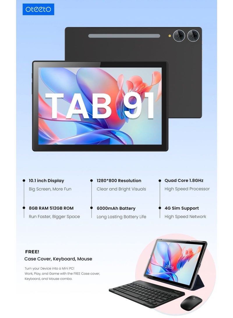 أوتيتو تاب 91 تابلت، شاشة 10.1 بوصة، دقة 1280x800، معالج رباعي النواة 1.8GHz، 8GB RAM، 512GB ROM، بطارية 6000mAh، دعم شريحة 4G - أزرق - Image 4
