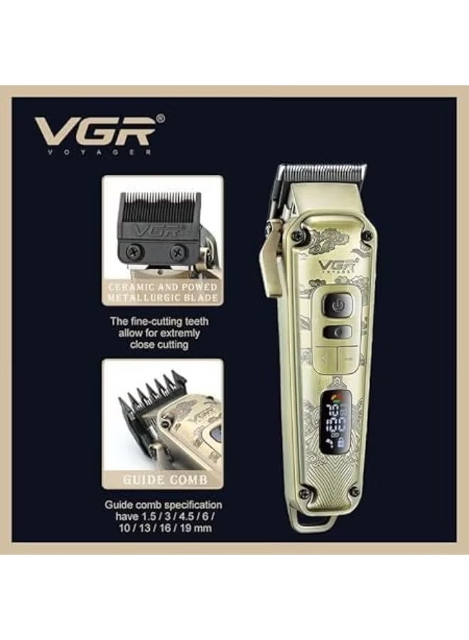 في جي آر V-642 Professional Metal Hair Clipper and Trimmer - Digital Display, 12 Guide Combs, Triple Waterproof Blades - Gold - Image 3