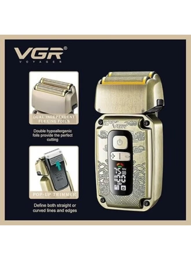 في جي آر V-642 Professional Metal Hair Clipper and Trimmer - Digital Display, 12 Guide Combs, Triple Waterproof Blades - Gold - Image 4