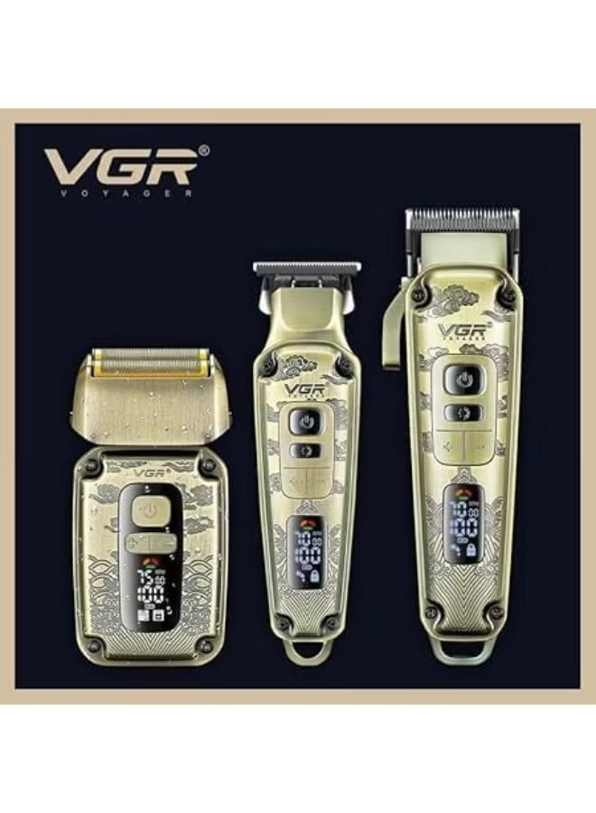في جي آر V-642 Professional Metal Hair Clipper and Trimmer - Digital Display, 12 Guide Combs, Triple Waterproof Blades - Gold - Image 2