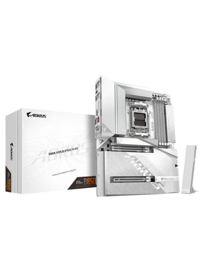 جيجابايت B850 AORUS STEALTH ICE ATX Motherboard, AMD AM5, DDR5 8200MHz OC, PCIe 5.0 x16, 4× M.2 (PCIe 5.0/4.0), Wi-Fi 7 + Bluetooth 5.4, 5GbE LAN, HDMI 2.1, USB-C, White | 9MB85STLE-00-G10 - Image 1
