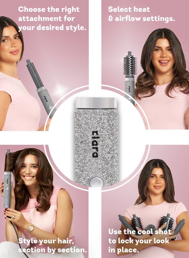 كلارا Multi Styler for All Hair Types 6-in-1 Styling Tool with Auto-Wrap Curlers, Blow Dryer, Round &amp; Oval Brush ? 1500W Ionic Hair Styler for Frizz-Free Waves &amp; Salon Blowouts Diamond Silver - Image 5