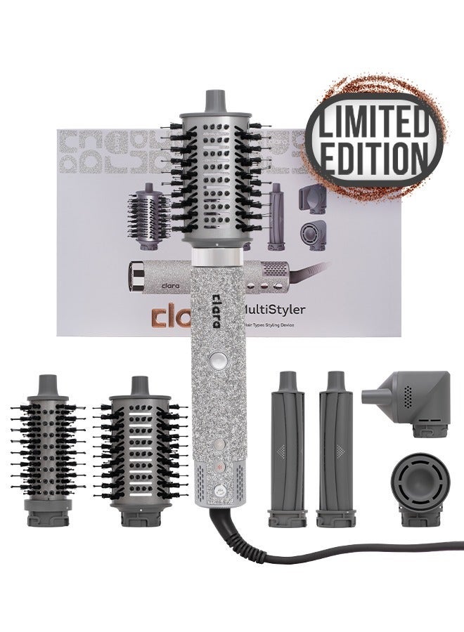 كلارا Multi Styler for All Hair Types 6-in-1 Styling Tool with Auto-Wrap Curlers, Blow Dryer, Round &amp; Oval Brush ? 1500W Ionic Hair Styler for Frizz-Free Waves &amp; Salon Blowouts Diamond Silver - Image 1