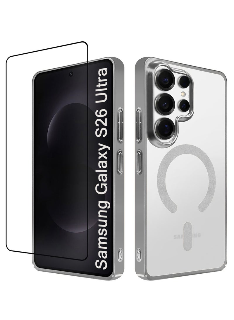مارجون Magnetic Electroplated Protective Case for S26 Ultra - Transparent Back and Lens Shield with 3D Screen Protector Silver-1 - Image 1