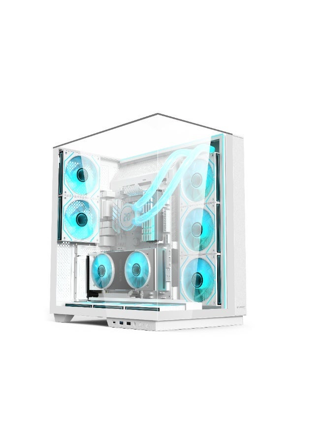 أيسر حافظة كمبيوتر V333 ATX، لوحات زجاجية مقسّاة في الأعلى، الأمام والجانب، 8 مراوح RGB مثبتة مسبقًا مع جهاز تحكم عن بُعد، إطار من فولاذ SPCC، 3 منافذ USB، دعم لوحات الأم ATX/M-ATX/ITX، مع دعم للمراوح الخلفية والسفلية والجانبية، حافظة ألعاب بيضاء - Image 1