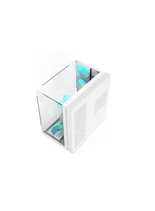 أيسر حافظة كمبيوتر V333 ATX، لوحات زجاجية مقسّاة في الأعلى، الأمام والجانب، 8 مراوح RGB مثبتة مسبقًا مع جهاز تحكم عن بُعد، إطار من فولاذ SPCC، 3 منافذ USB، دعم لوحات الأم ATX/M-ATX/ITX، مع دعم للمراوح الخلفية والسفلية والجانبية، حافظة ألعاب بيضاء - Image 4