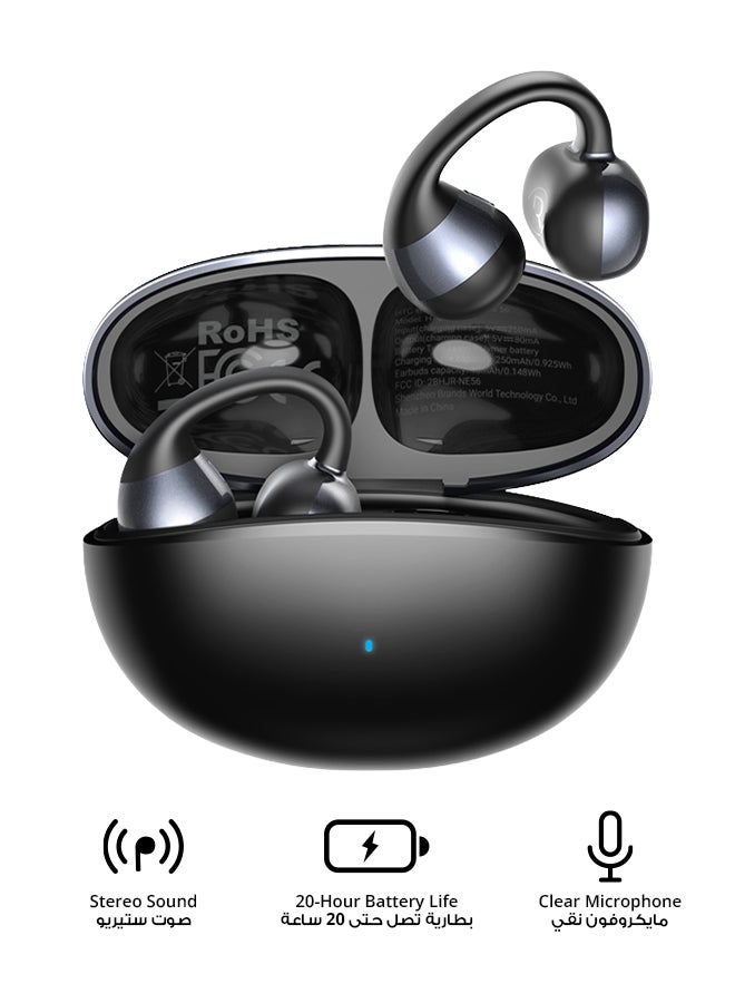 إتش تي سي NE56 OWS Ear Clip Wireless Earphones, Bluetooth 6.0, Comfortable Sport Earclip Design, Noise Reduction Calls, Built-in Mic, 20-Hour Battery Life, 4-Hour Music Playback, Lightweight Wireless Headphones, Black black - Image 1