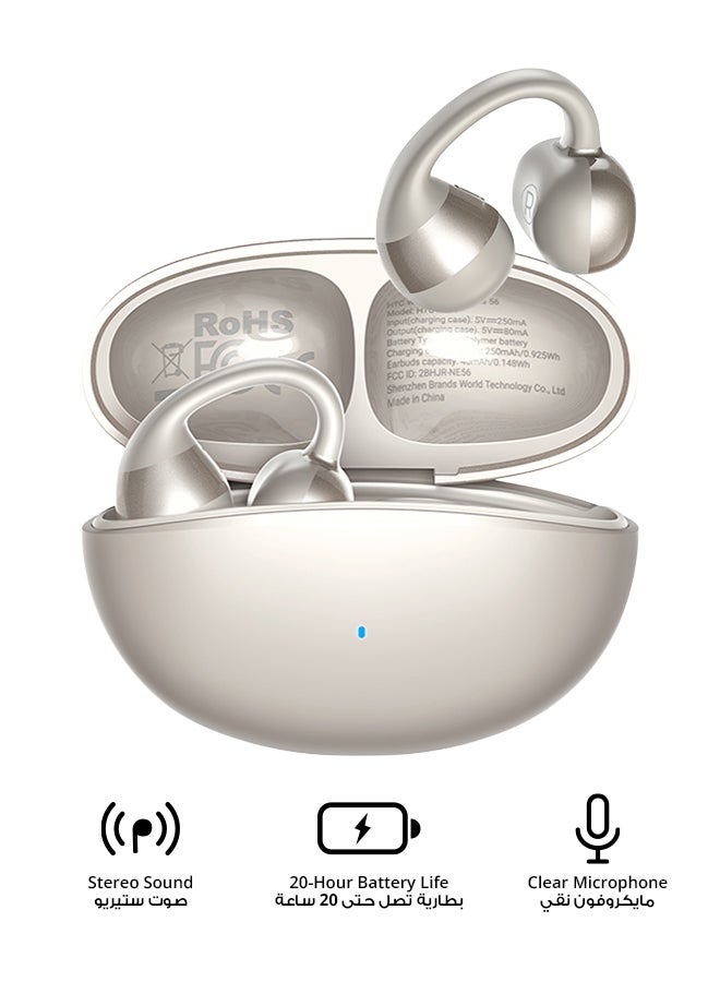 إتش تي سي NE56 OWS Ear Clip Wireless Earphones, Bluetooth 6.0, Comfortable Sport Earclip Design, Noise Reduction Calls, Built-in Mic, 20-Hour Battery Life, 4-Hour Music Playback, Lightweight Wireless Headphones, Beige beige - Image 1