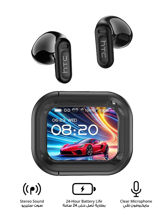 إتش تي سي سماعات أذن لاسلكية NE20 TWS، بلوتوث 6.0، علبة شحن بشاشة LCD، مترجم ذكي، إلغاء نشط للضوضاء، مقاومة للماء، عمر بطارية 24 ساعة، تشغيل موسيقي لمدة 4 ساعات، تحكم باللمس، ميكروفون مدمج، أسود - Image 1