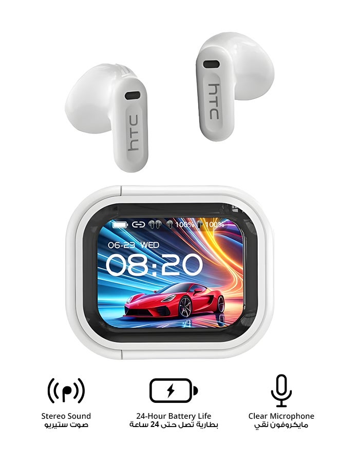 إتش تي سي NE20 In-Ear TWS Wireless Earbuds, Bluetooth 6.0, LCD Screen Charging Case, AI Translator, Active Noise Cancelling, Waterproof, 24-Hour Battery Life, 4-Hour Music Playback, Touch Control, Built-in Mic, White white - Image 1