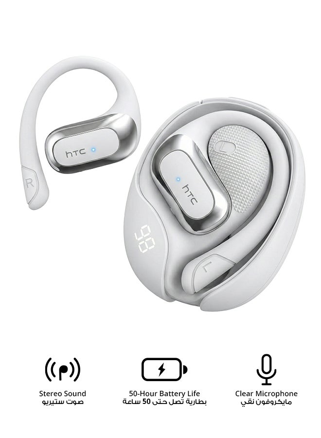 إتش تي سي سماعات أذن لاسلكية NE21 OWS، بلوتوث 5.4، سماعات أذن مترجم ذكي، تصميم رياضي مفتوح، تقليل الضوضاء ENC، صوت جهير عالي الدقة، تحكم باللمس، خفيفة الوزن، عمر بطارية 50 ساعة، بيضاء - Image 1