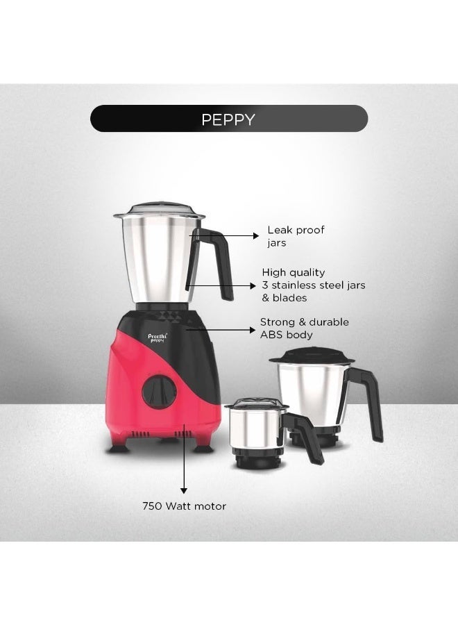 Preethi Peppy Mixer Grinder for Kitchen| 750 Watt Mixie, 3 jars | 5yr Motor Warranty & Lifelong Free Service | Black/Red (MG-245) 1.5 L 750 W MG-245 Red/Black - Image 4