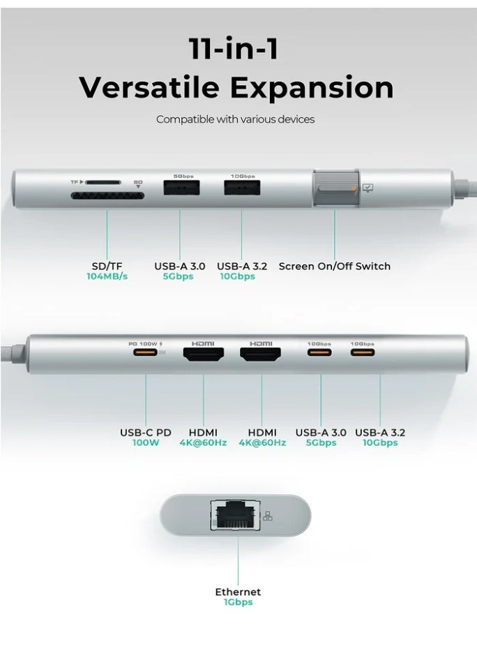 AUKEY UH-CUH03 OfficeDok 10-in-1 USB-C Hub with 2 HDMI Ports silver - Image 5