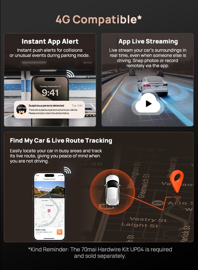 70 ماي A810S-2 Dash Cam 4K Front and Rear, 4K+1080P Car Camera with STARVIS 2 Sensors HDR Night Vision, 4G LTE, ADAS & WiFi 6, 24/7 Parking, Voice Control, Loop Recording, Supercapacitor Support 512GB - Image 5