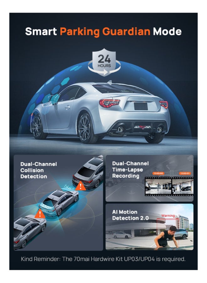 70 ماي كاميرا داش مزدوجة 70mai أمامية وخلفية 4K X800 128G، كاميرا سيارات مزودة بسوني IMX678، رؤية ليلية STARVIS 2، HDR 360°، 4G LTE، كشف حركة بالذكاء الاصطناعي، ADAS، واي فاي 6 بتردد 5GHz، مراقبة وقوف السيارات، تحكم صوتي - Image 5