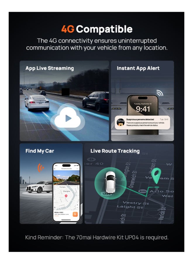 70 ماي كاميرا داش مزدوجة 70mai أمامية وخلفية 4K X800 128G، كاميرا سيارات مزودة بسوني IMX678، رؤية ليلية STARVIS 2، HDR 360°، 4G LTE، كشف حركة بالذكاء الاصطناعي، ADAS، واي فاي 6 بتردد 5GHz، مراقبة وقوف السيارات، تحكم صوتي - Image 2