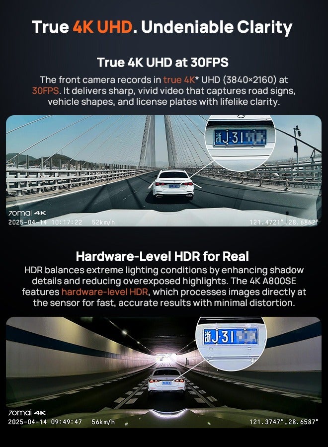 70mai 4k Dash Cam Front and Rear, Car Camera with HDR Night Vision, Built in WiFi6, GPS& ADAS, 24H Parking Mode, Time-Lapse, Voice Control, Loop Recording,  Supercapacitor Support 512GB(A800SE) - Image 2