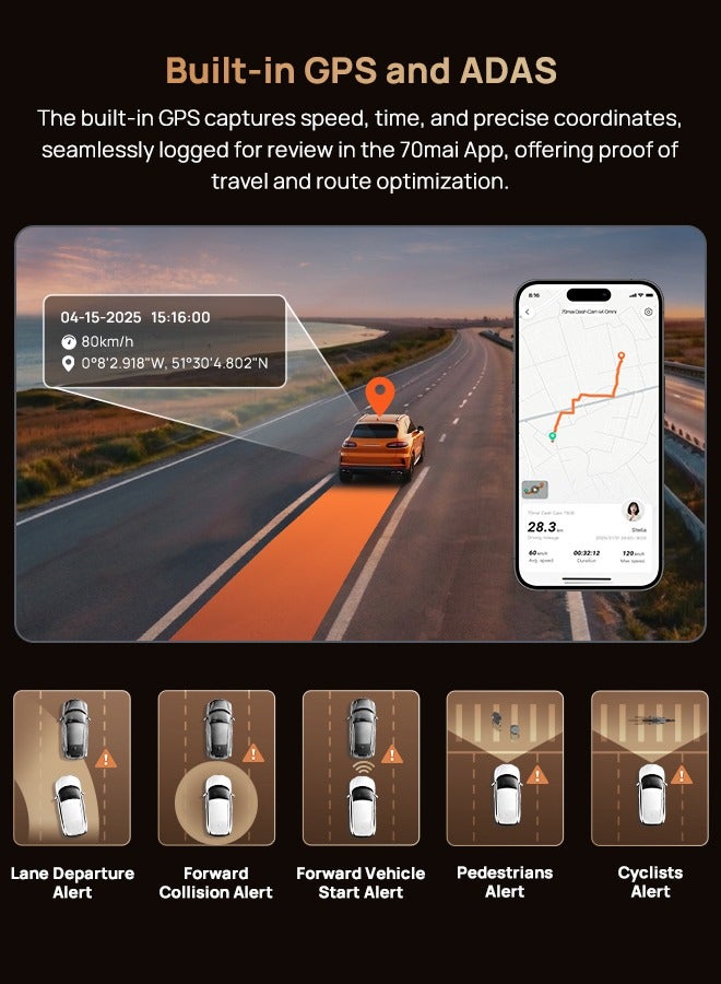 70 ماي 70mai 4K 3 Channel T800-2 Dash Cam, Car Camera with Free 256GB Card, STARVIS 2 IMX678, HDR Night Vision, WiFi 6, 4G LTE, ADAS, 24H Parking Mode, Supercapacitor Max Support 512G - Image 2