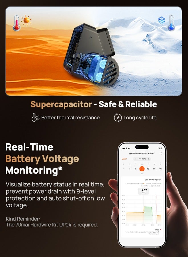 70 ماي 70mai 4K 3 Channel T800-2 Dash Cam, Car Camera with Free 256GB Card, STARVIS 2 IMX678, HDR Night Vision, WiFi 6, 4G LTE, ADAS, 24H Parking Mode, Supercapacitor Max Support 512G - Image 4