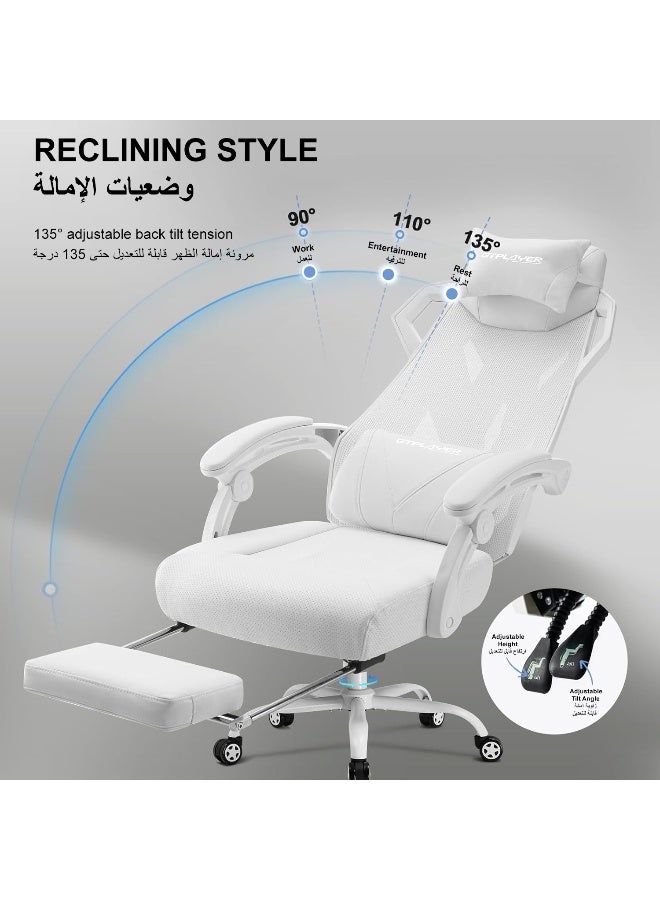 GTPLAYER #1USA Ergonomic Gaming Chair with Footrest, Mesh Back Computer Desk Chair with Recline, Adjustable Headrest & Lumbar Support, Mech Design Video Game Chair for Home, Study & Office (White) white - Image 4