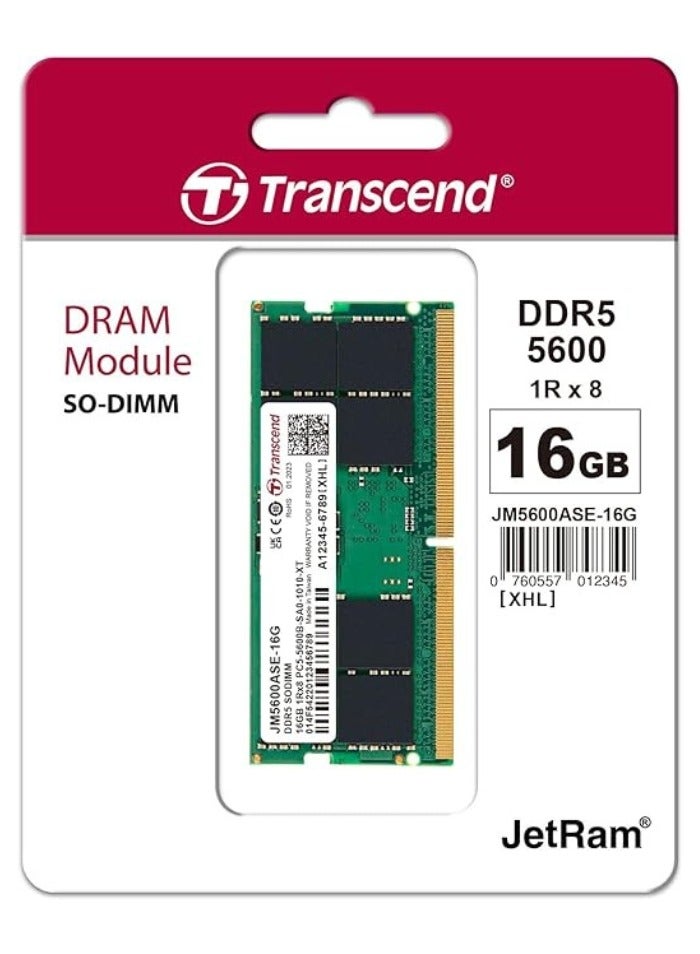 Transcend 16GB RAM DDR5 5600MHz CL46 (1Rx8) Laptop Memory - JM5600ASE-16G - 7cm Black - Image 1
