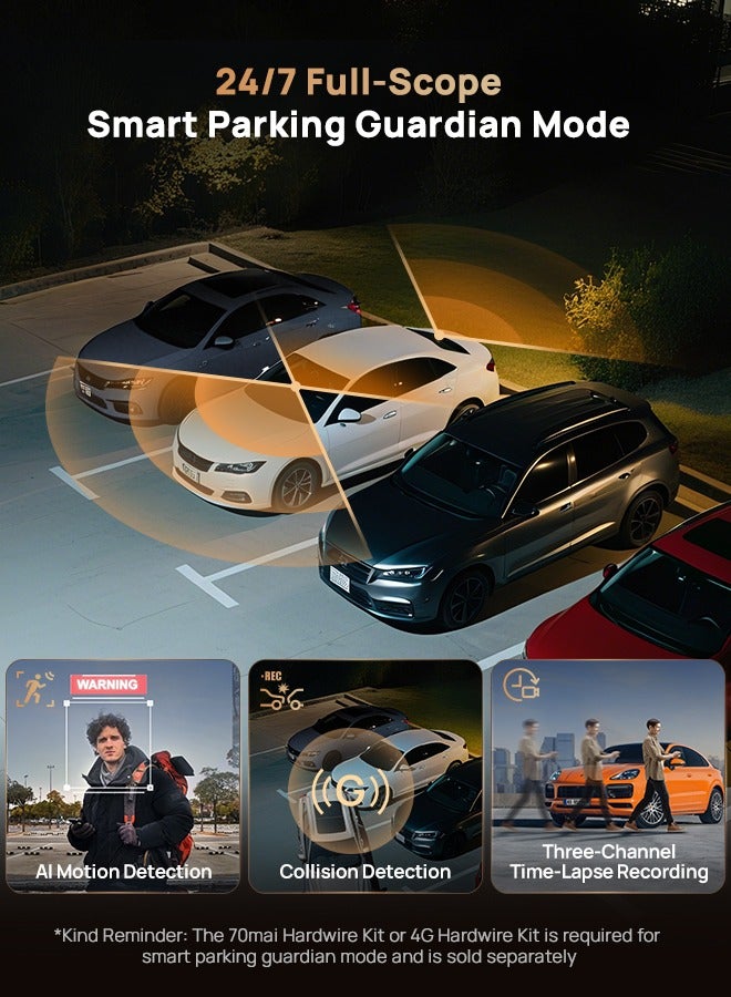 70 ماي 70mai 4K T800-41 3 Channel Dash Cam, Car Camera with Front and Rear Inside(2160P+2160P+1080P), STARVIS 2 IMX678, HDR Night Vision, WiFi 6, 4G LTE, ADAS, 24H Parking Mode, Supercapacitor with Free 512GB Card - Image 3